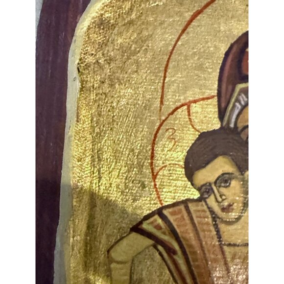 Painted Icon Gold Sheet Oil Cloth & Wood 10x6.5 inches Virgin Mary Jesus Christ - Picture 6 of 9